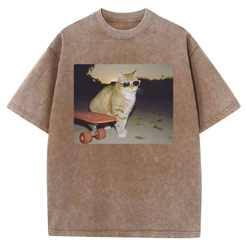 Cool Skateboard Cat Washed T-shirt - Image 4