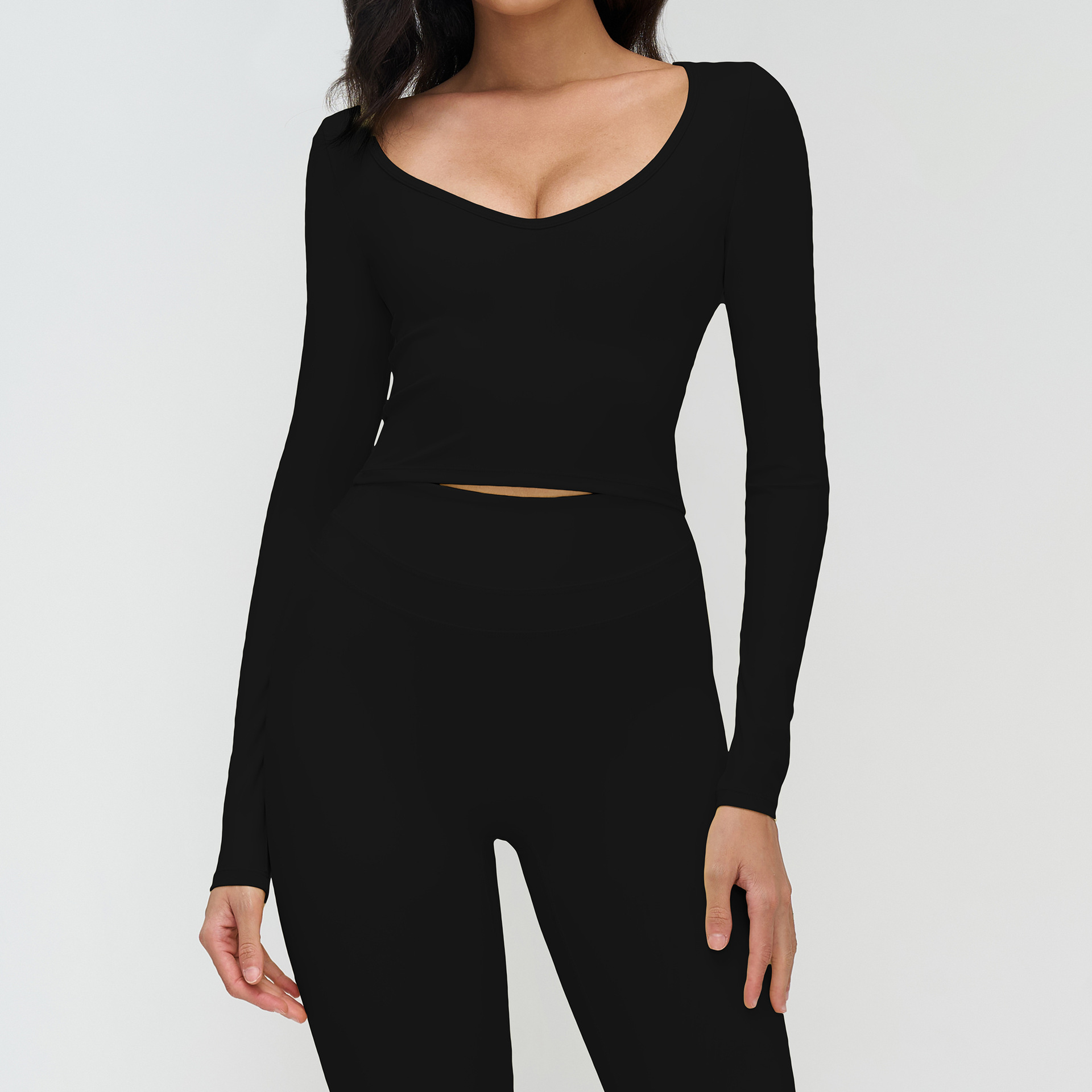 Black Ribbed Yoga Jumpsuit: Long Sleeve Crop Top & High Waist Leggings Set