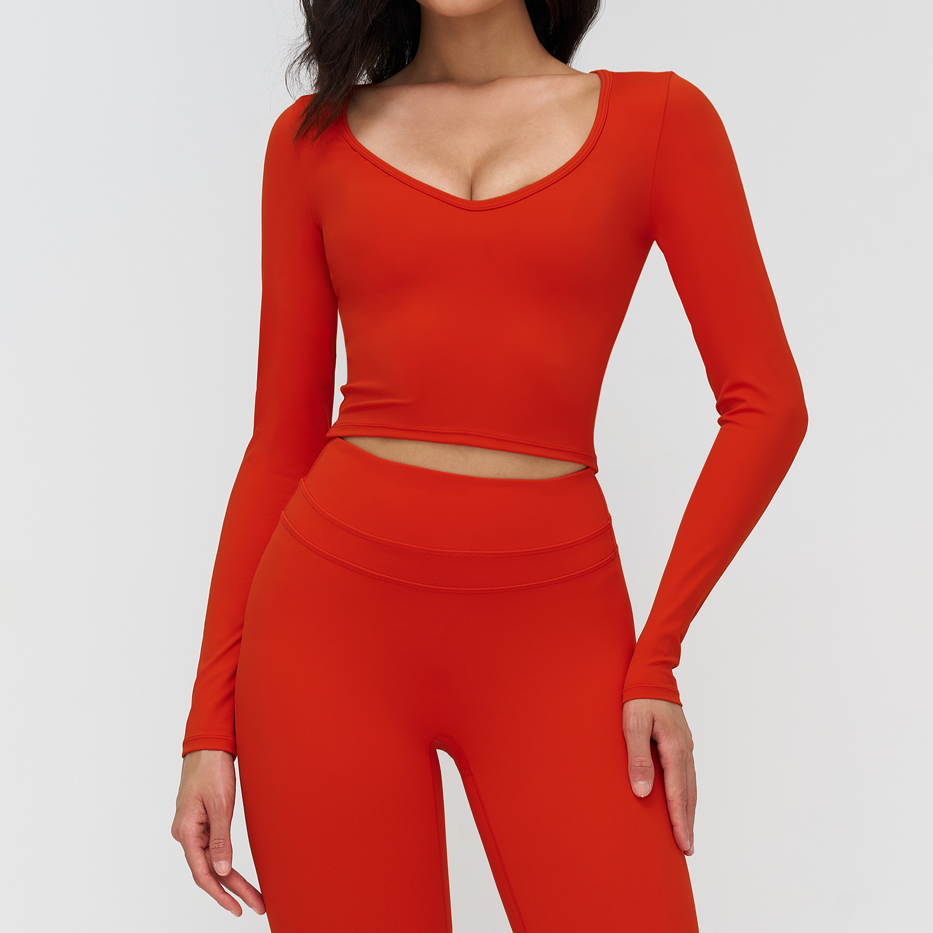 Red 2 Piece Yoga Set, Long Sleeve V-Neck Crop Top & High Waist Tummy Control Leggings