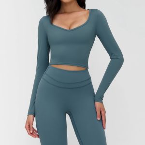 Dusty Blue Long Sleeve Yoga Two Piece, V-Neck Crop Top & High Stretch Leggings