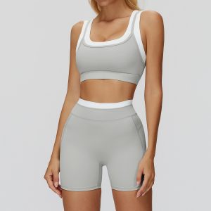 Light Grey Yoga Shorts Set, Contrast Piping Sports Bra & High Stretch Biker Shorts