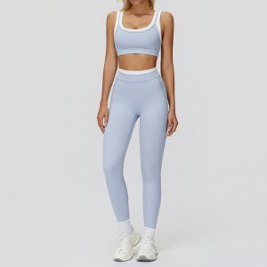 Light Blue Yoga Outfit, Sleeveless Sports Bra & High Waist Full Length Leggings