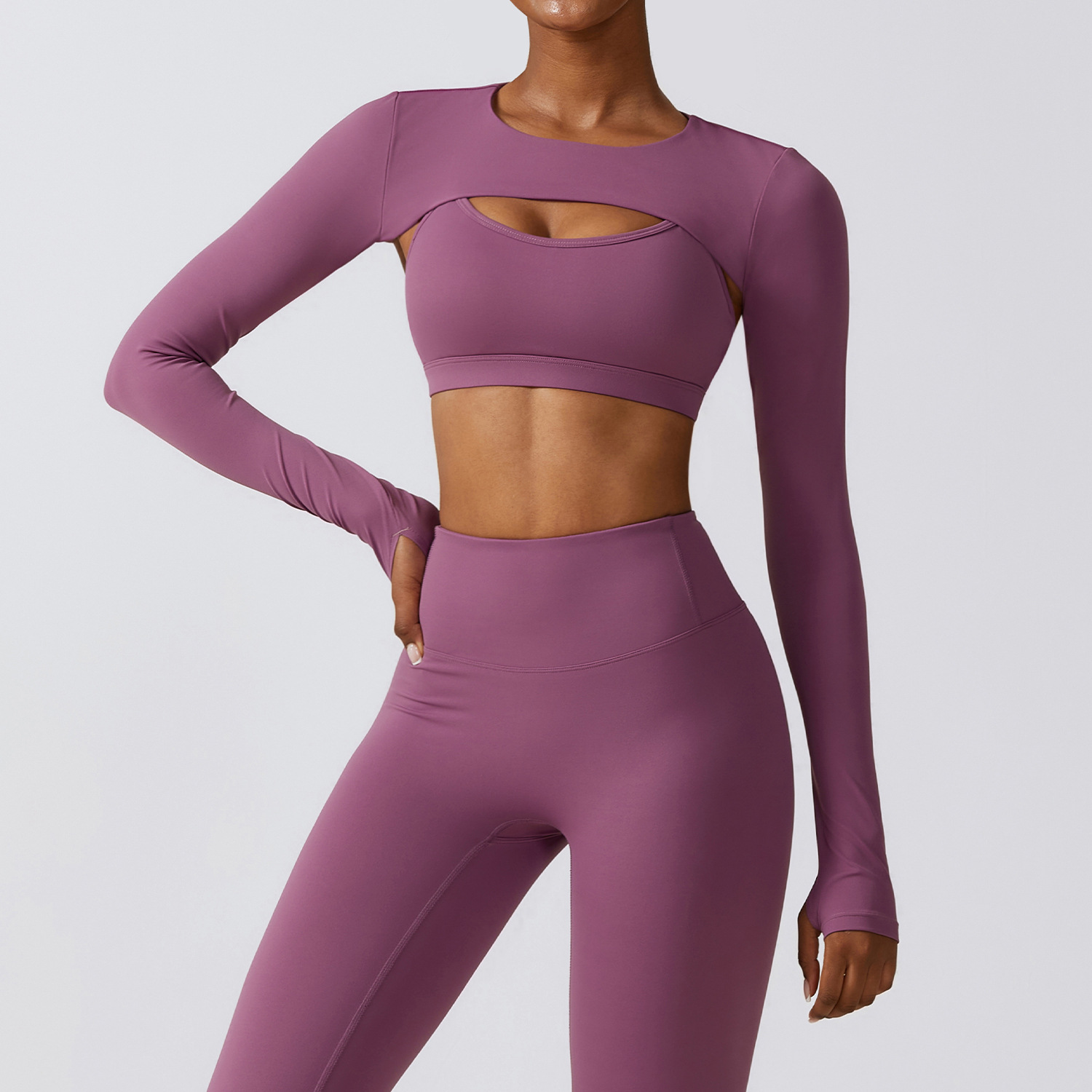Dusty Purple Long Sleeve Yoga Two Piece, Slim Fit Crop Top & High Waist Leggings