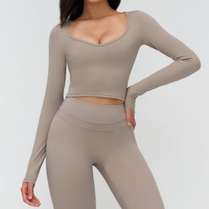 Taupe Grey Long Sleeve Yoga Set, V-Neck Crop Top & High Waist Flattering Leggings