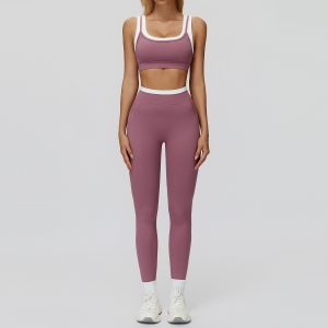 Dusty Pink Yoga Two Piece, Built-in Bra Crop Top & High Waist Tummy Control Leggings