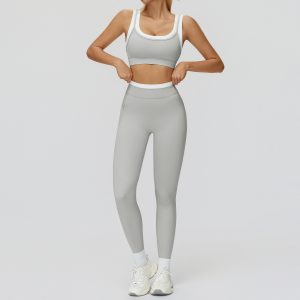 Light Grey 2 Piece Activewear Set, Contrast Piping Bra & High Stretch Yoga Pants