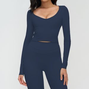 Navy Blue Long Sleeve Yoga Outfit, V-Neck Crop Top & High Waist Active Leggings