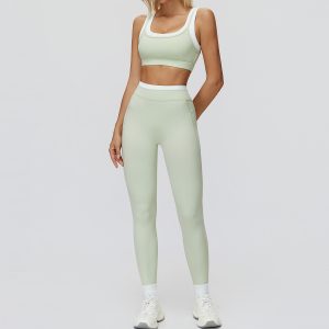 Sage Green 2 Piece Yoga Set, Contrast Trim Sports Bra & High Waist Leggings