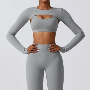 Light Grey 2 Piece Long Sleeve Yoga Set, V-Neck Crop Top & High Waist Leggings