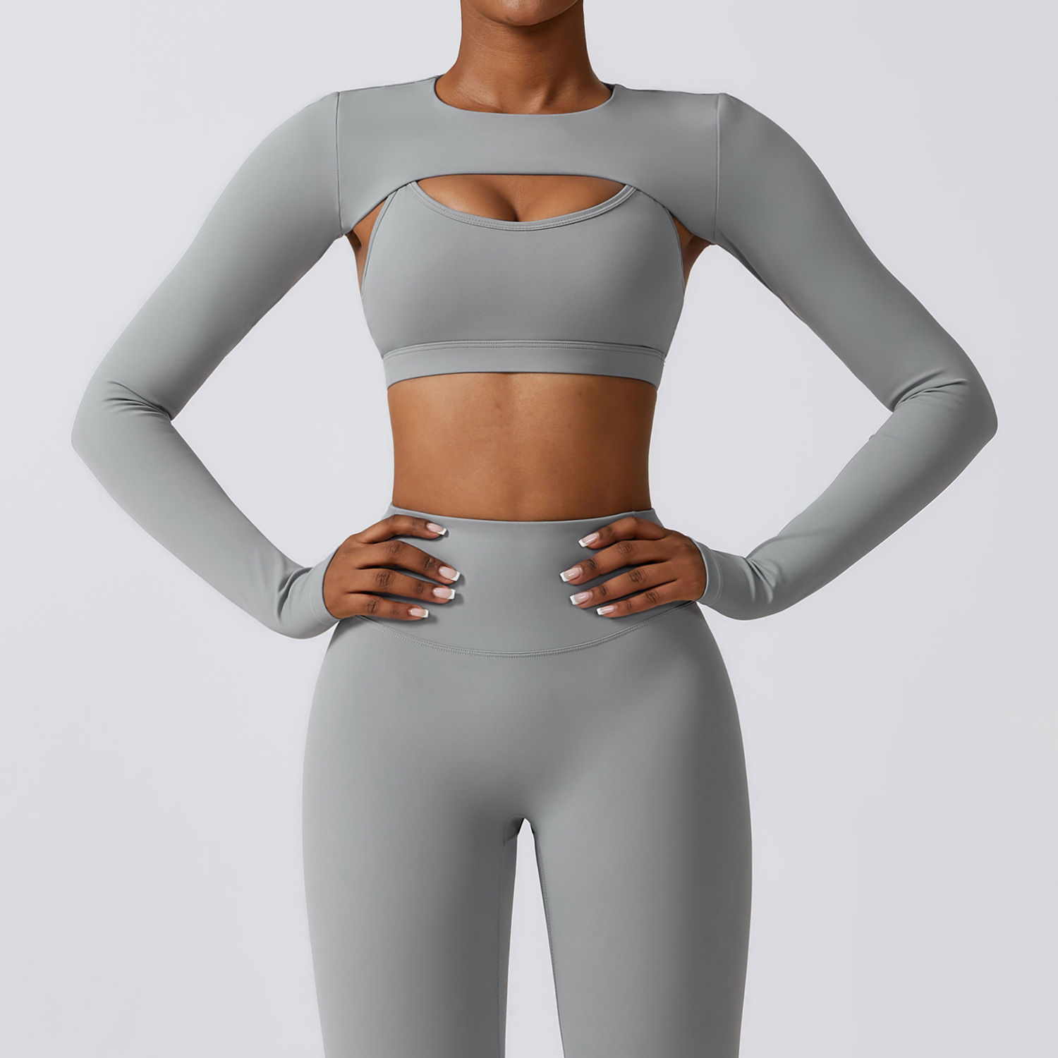 Light Grey 2 Piece Long Sleeve Yoga Set, V-Neck Crop Top & High Waist Leggings