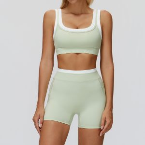 Sage Green Yoga Biker Shorts Set, Contrast Trim Sports Bra & High Waist Shorts