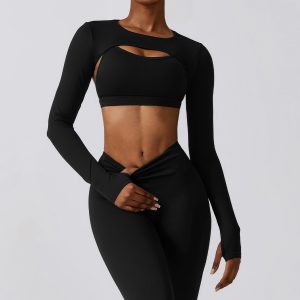 Black Ribbed Yoga Set, Cut Out Long Sleeve Top & High Waist Tummy Control Leggings