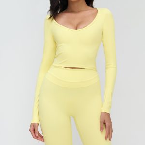 Lemon Yellow 2 Piece Yoga Outfit, Long Sleeve V-Neck Top & High Waist Leggings